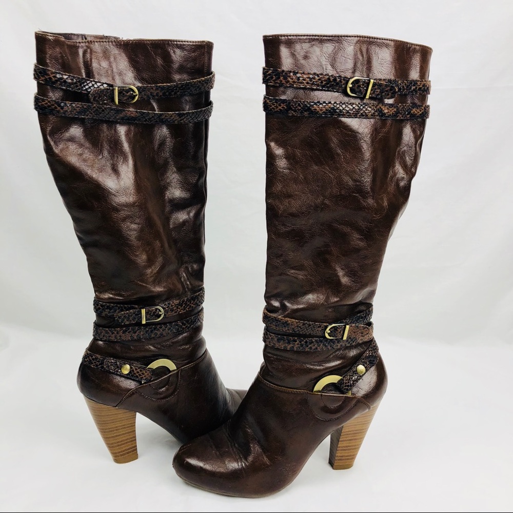 BASS BORDEAUX BROWN LEATHER BOOTS SNAKESKIN STRAPS - Picture 2 of 6